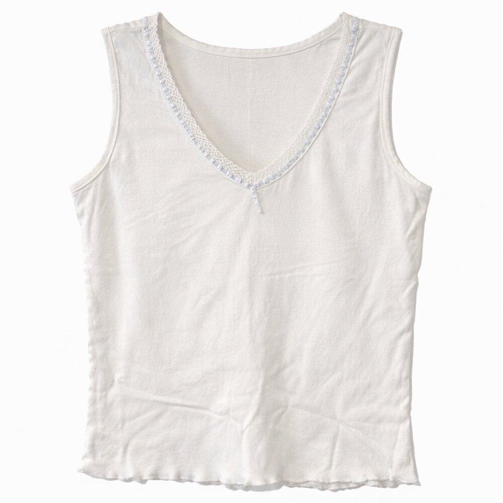 🦜George Women's White V Neck Ribbon Sleeveless Top - L